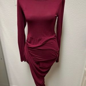 Tobi Asymmetrical Long Sleeve Dress in Maroon